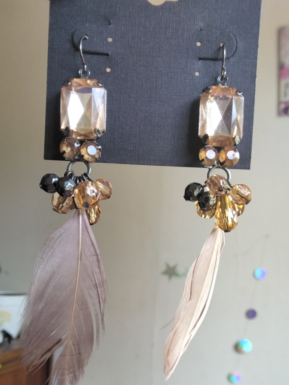 Feather Drop Crystal Earrings - Blush Pink and Gold